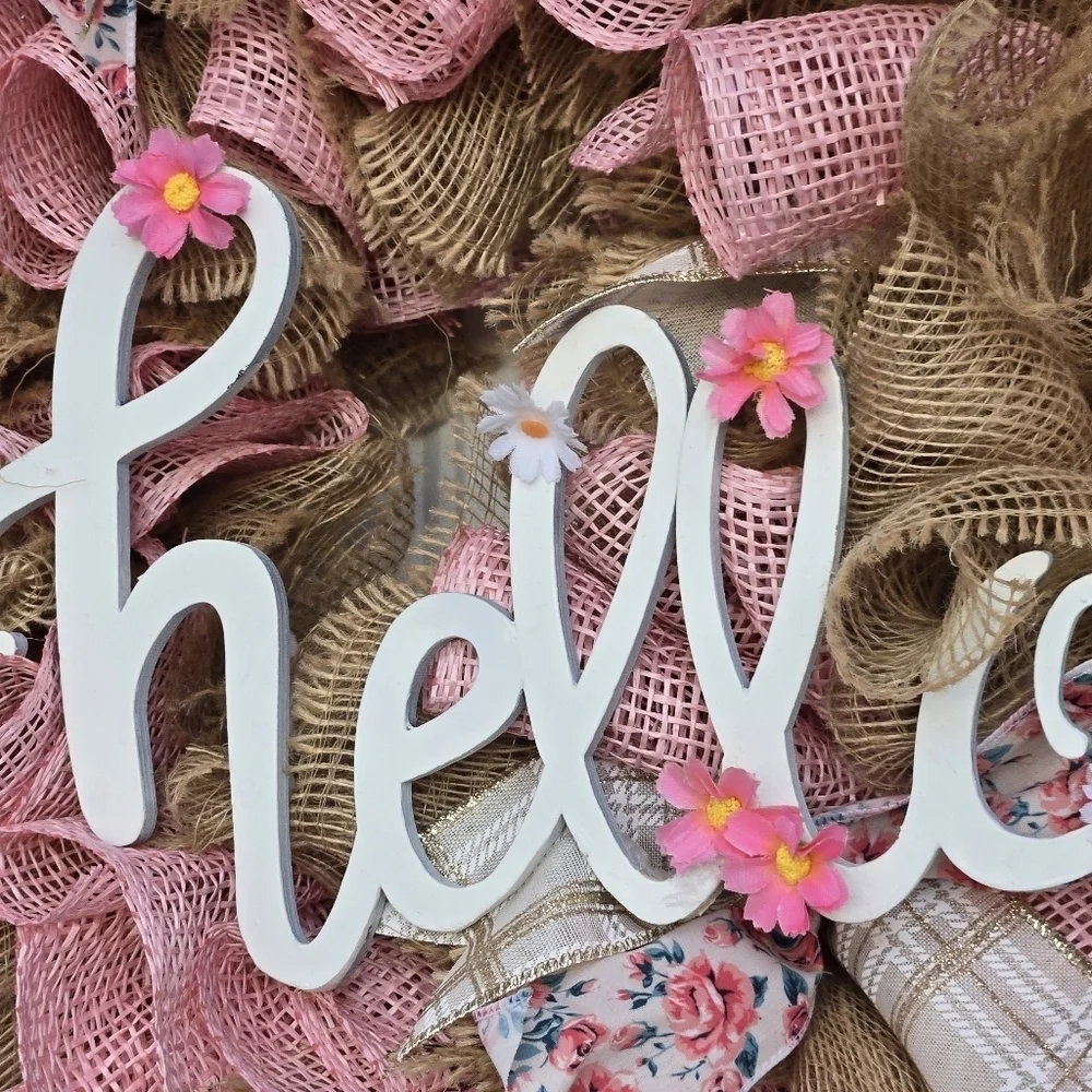 Handmade Pink and tan deco mesh wreath with hello sign spring front door wreath